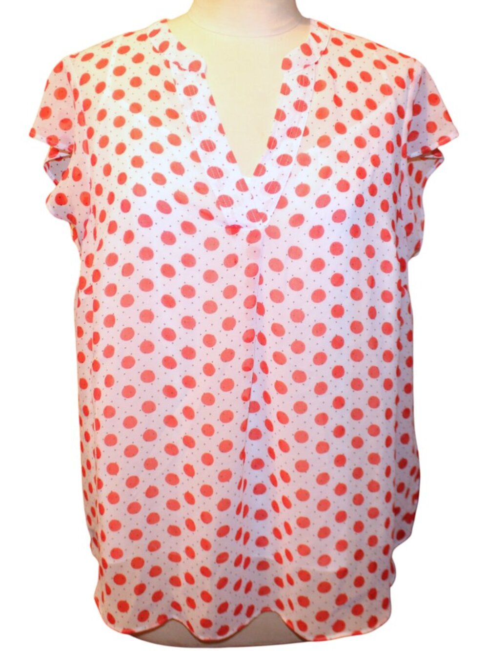 BODEN White & Red Polka Dot Sheer Popover Blouse Flutter Sleeve Sz 12 EUC